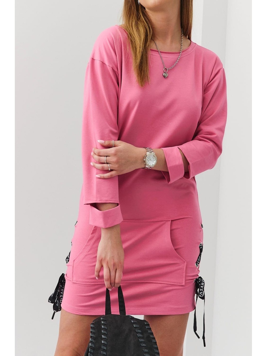 Smooth sweatshirt dress with ties, dark pink FI653 - Online store - Boutique